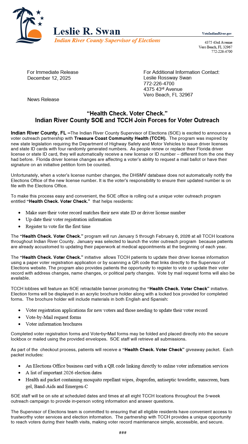 Press Release for Health Check Voter Check